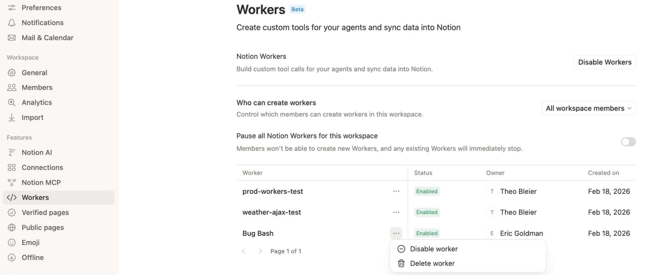 Notion Workers admin settings showing a Disable Workers button, a Who can create workers dropdown set to All workspace members, a Pause all Notion Workers toggle, and a table of three deployed workers with Status, Owner and Created on columns.