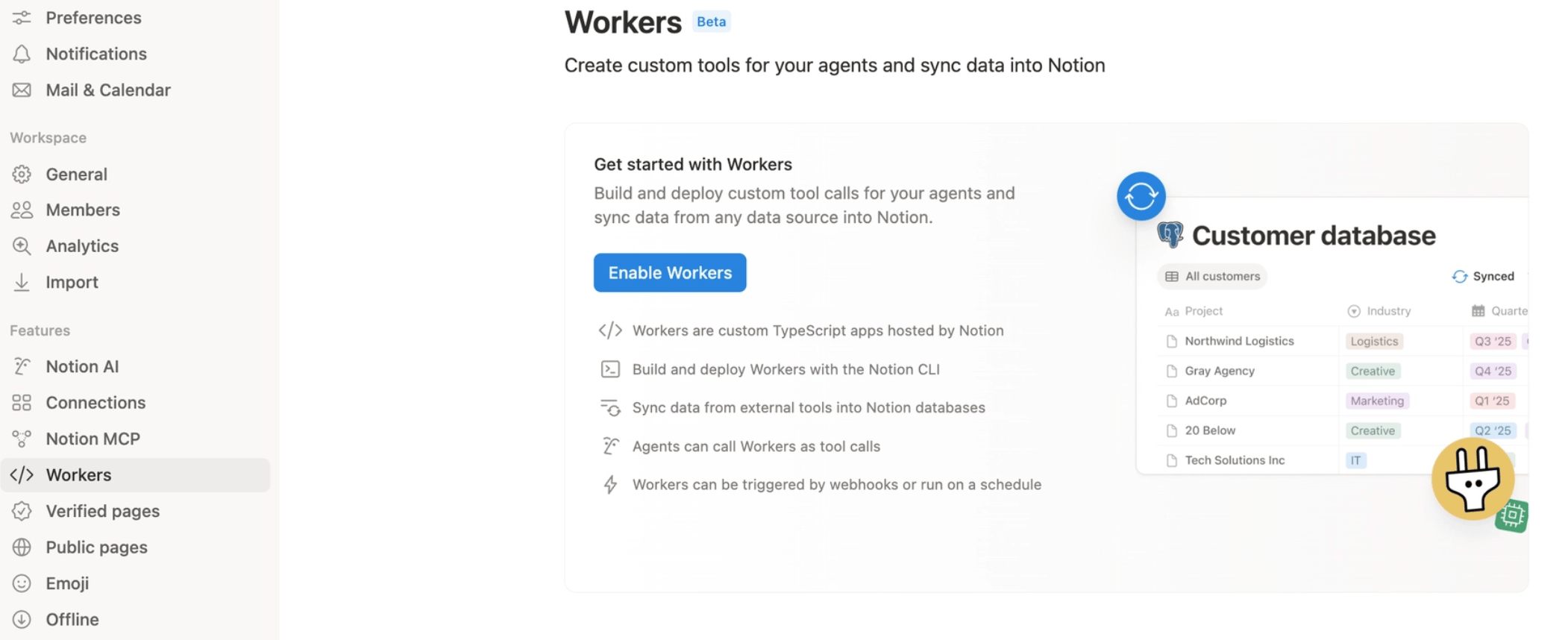 Notion settings panel with the Workers section selected in the sidebar, a Beta badge next to the heading, an Enable Workers button, and a bulleted list reading Workers are custom TypeScript apps hosted by Notion, Build and deploy Workers with the Notion CLI, and Sync data from external tools into Notion databases.
