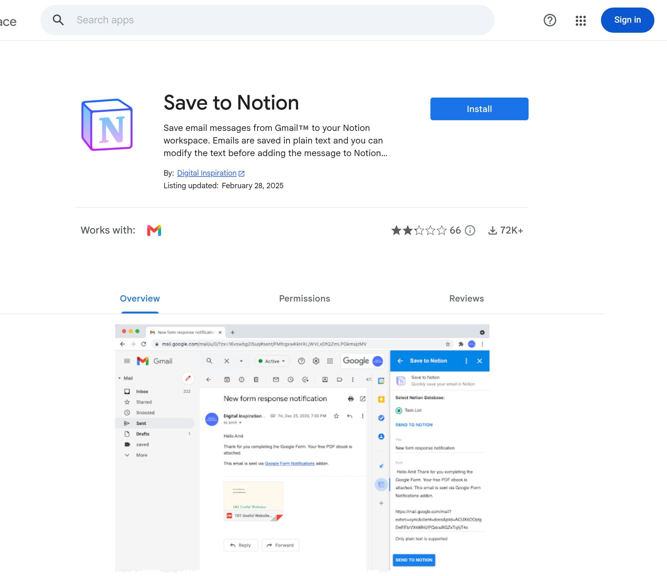 Ficha de Google Workspace Marketplace del complemento Save to Notion para Gmail, con el botón Install y una vista previa del panel lateral de Gmail