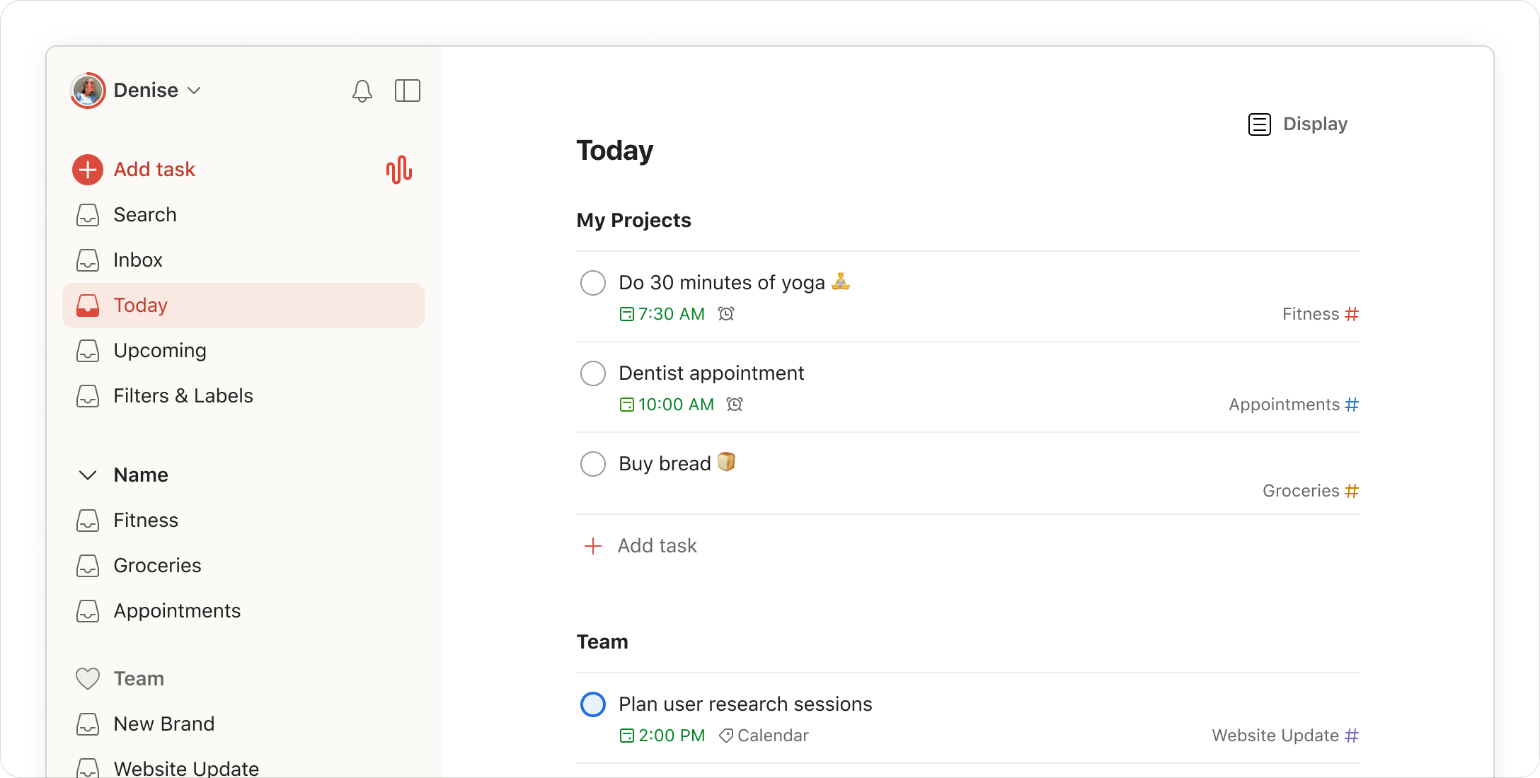 Todoist desktop app showing the Today view with tasks grouped by personal projects and team, each with a time, reminder, and project tag