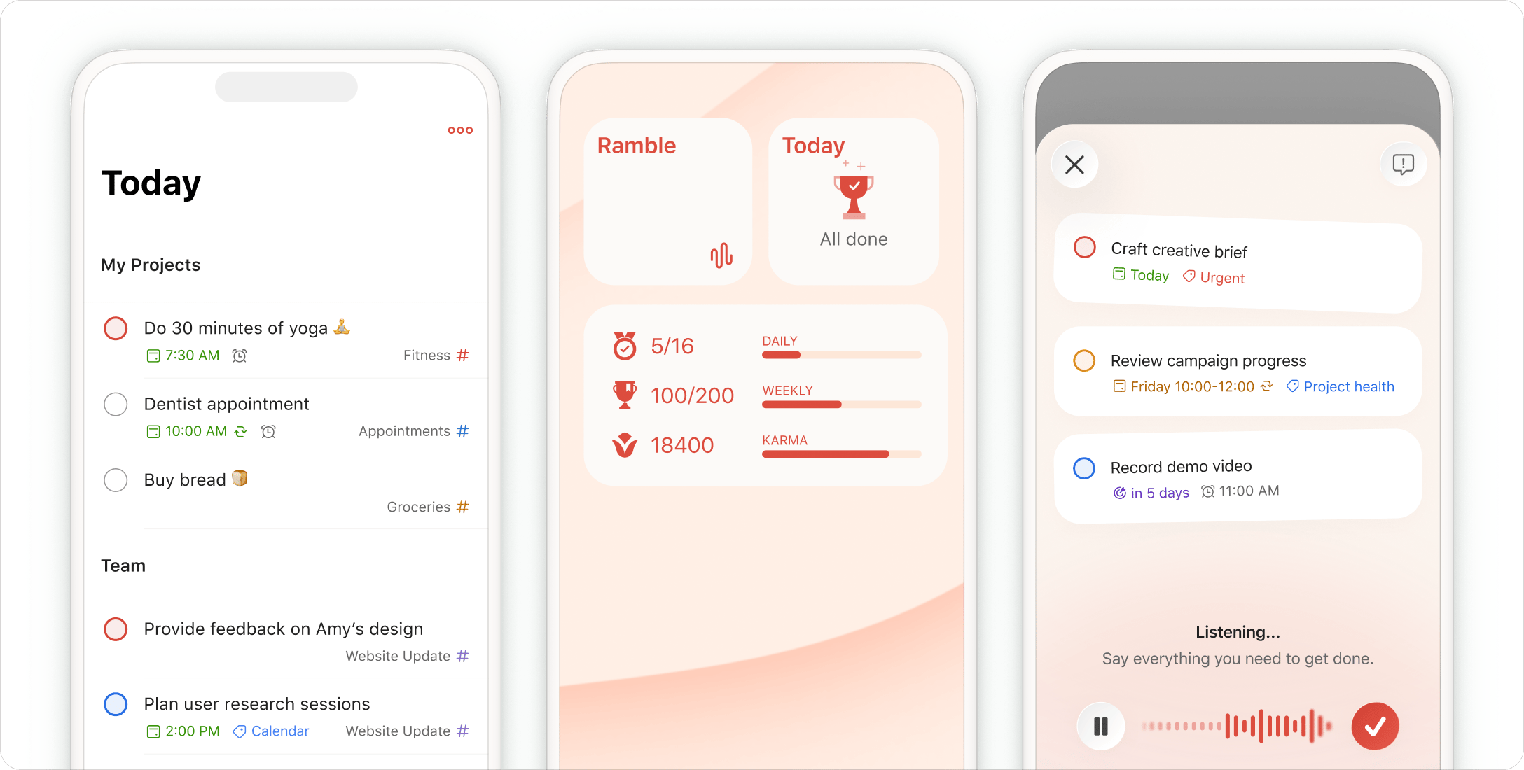 Three Todoist iPhone screens: the Today list, a Ramble and Karma widget, and Ramble turning speech into tasks
