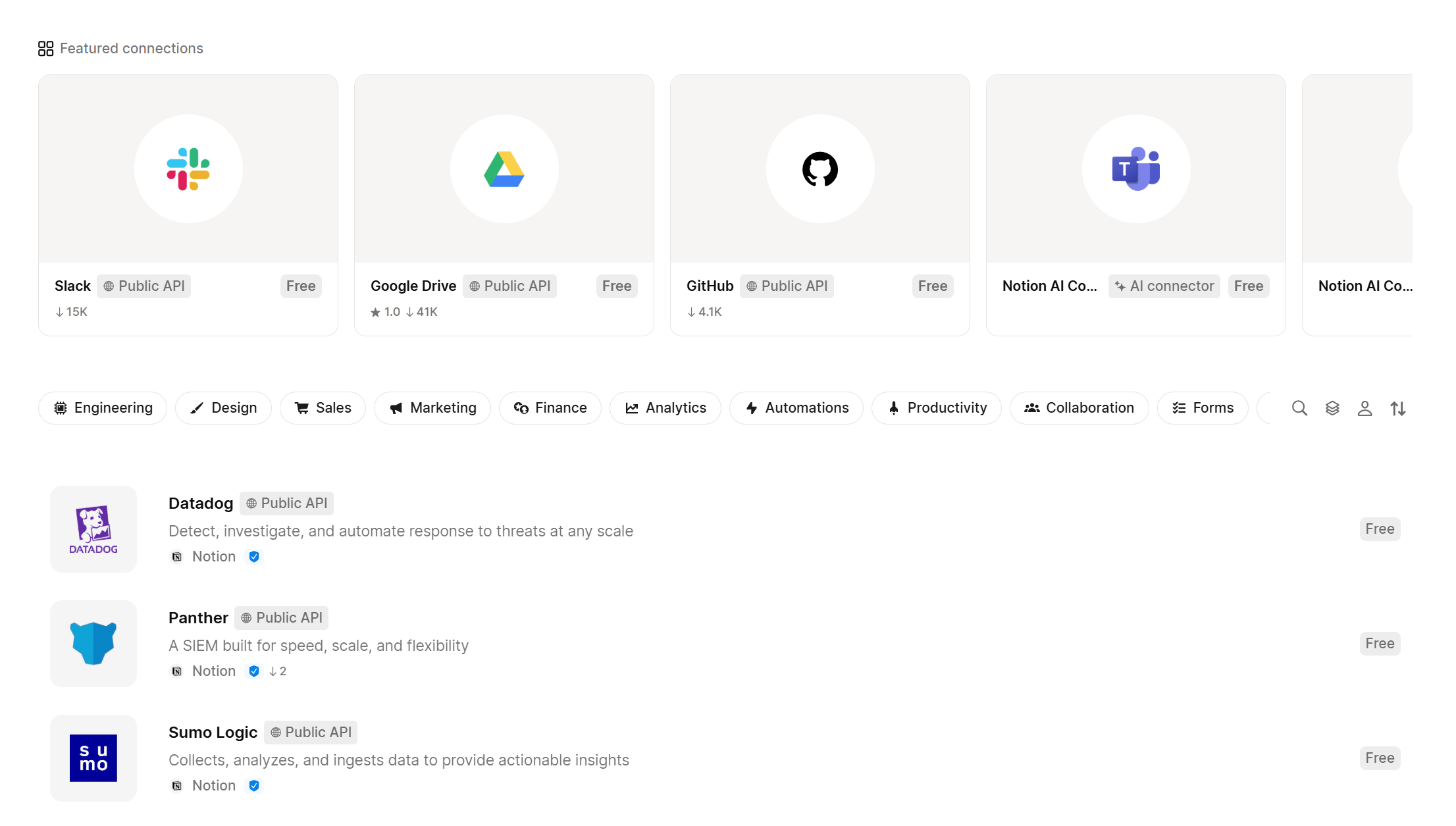 Slack・Google Drive・GitHub・Microsoft Teamsなどの注目連携を表示するNotionの連携ギャラリー。下部にはカテゴリーフィルターが並ぶ