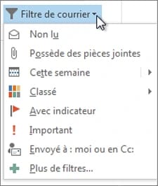 Le menu Filtre de courrier d'Outlook classique, avec Non lu, Possède des pièces jointes, Cette semaine, Classé, Avec indicateur, Important et Plus de filtres