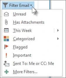 The Filter Email menu in classic Outlook, listing Unread, Has Attachments, This Week, Categorized, Flagged, Important and Sent To: Me or CC: Me