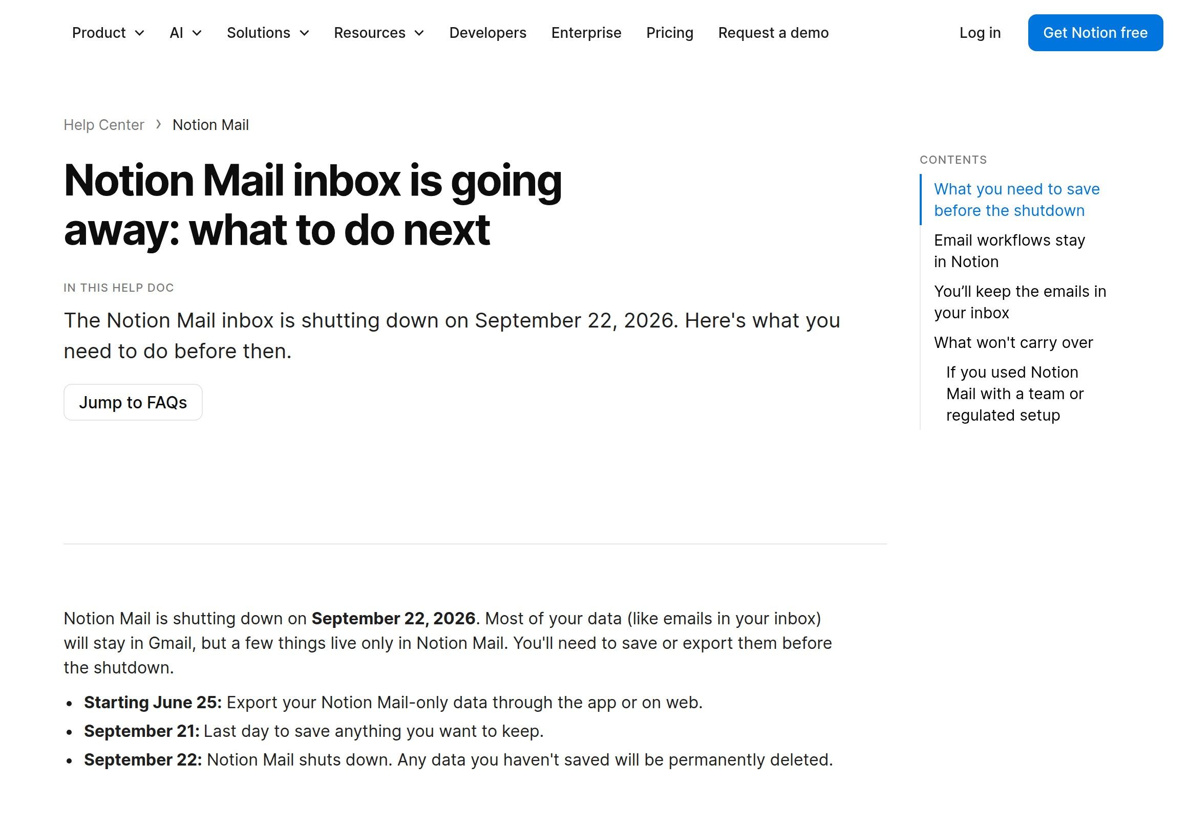 Notion ヘルプセンターの記事「Notion Mail inbox is going away: what to do next」。6月25日・9月21日・9月22日の日程が並んでいる