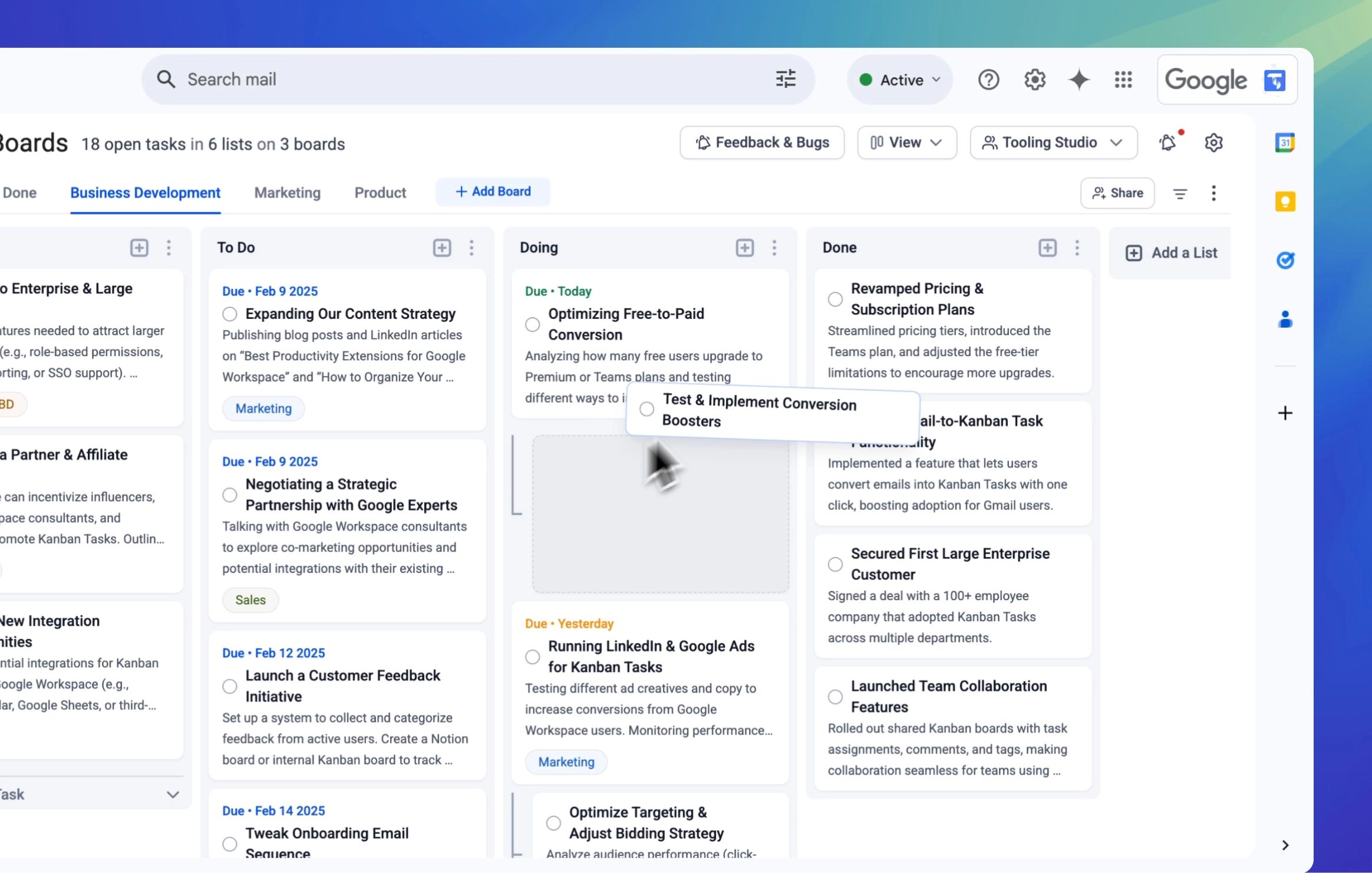 Geteiltes Kanban-Tasks-Board in Google Workspace mit den Spalten To Do, Doing und Done