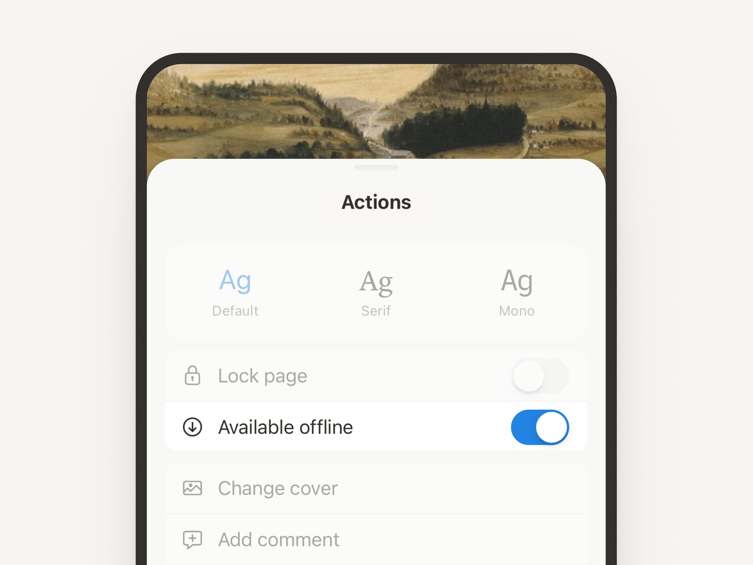英語版Notionモバイルアプリの「Actions」メニュー。「Lock page」と「Change cover」の間にある「Available offline」（オフラインで利用可能）のトグルが青くオンになっている