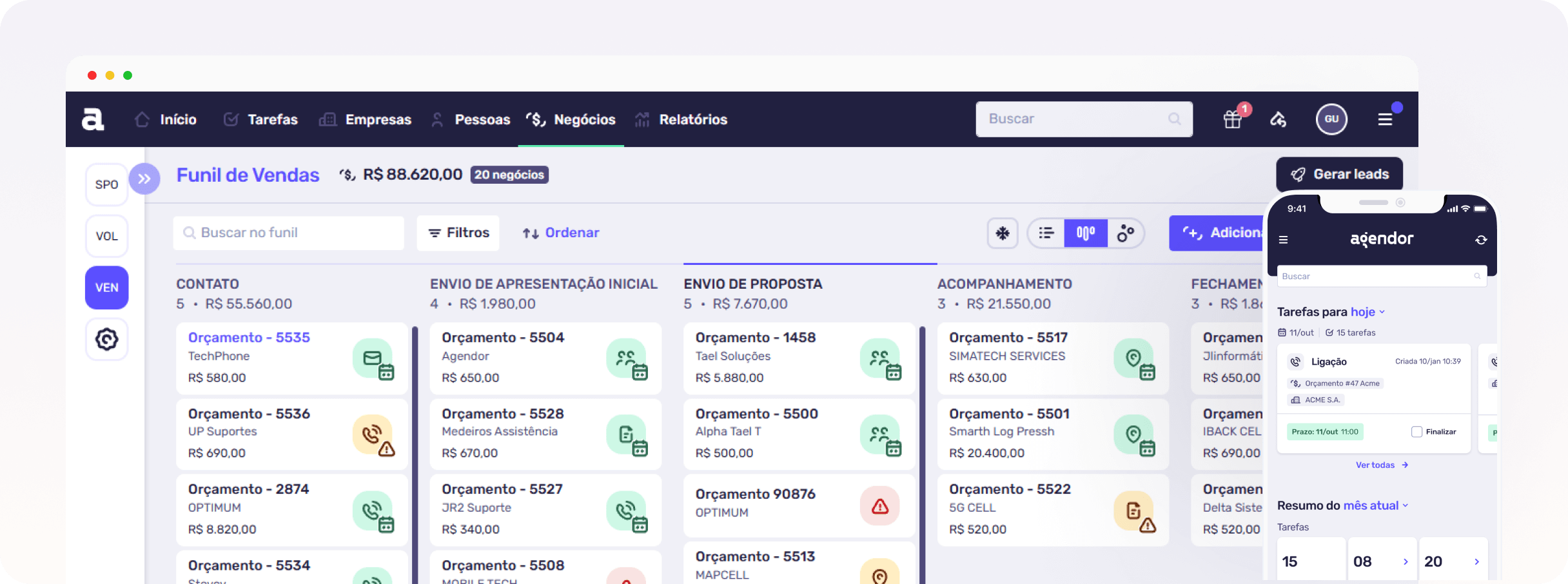 Funil de vendas do Agendor com cartões de orçamento por etapa e o aplicativo de celular ao lado