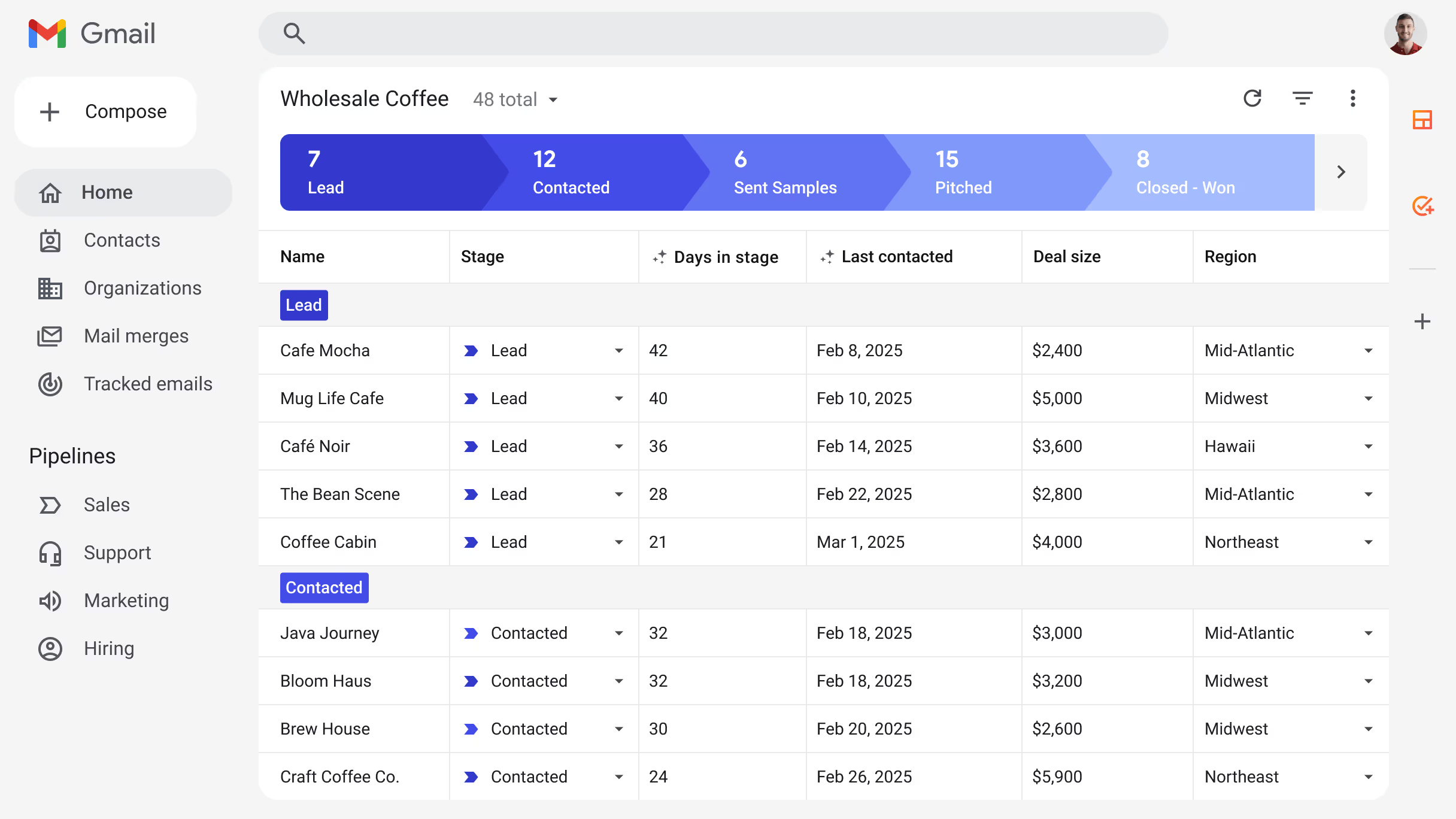 Streak pipeline inside Gmail showing deal stages across the top and lead rows with days in stage and deal size