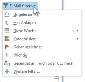 Das Menü E-Mail filtern im klassischen Outlook mit Ungelesen, Hat Anlagen, Diese Woche, Kategorisiert, Gekennzeichnet, Wichtig und Gesendet an: mich oder CC: mich