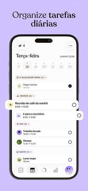 Agenda diária do Tiimo em português, com tarefas em ícones coloridos agrupadas em A qualquer hora, Manhã, Dia e Noite