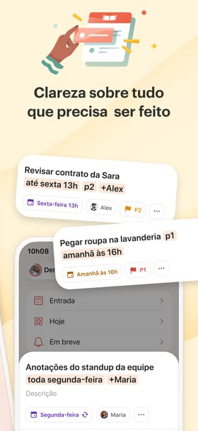Todoist em português mostrando captura de tarefas em linguagem natural, com prazos reconhecidos automaticamente e o menu Entrada, Hoje e Em breve