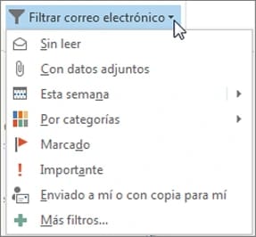 Menú Filtrar correo electrónico del Outlook clásico en español, con Sin leer, Con datos adjuntos, Esta semana, Por categorías, Marcado, Importante y Enviado a mí o con copia para mí