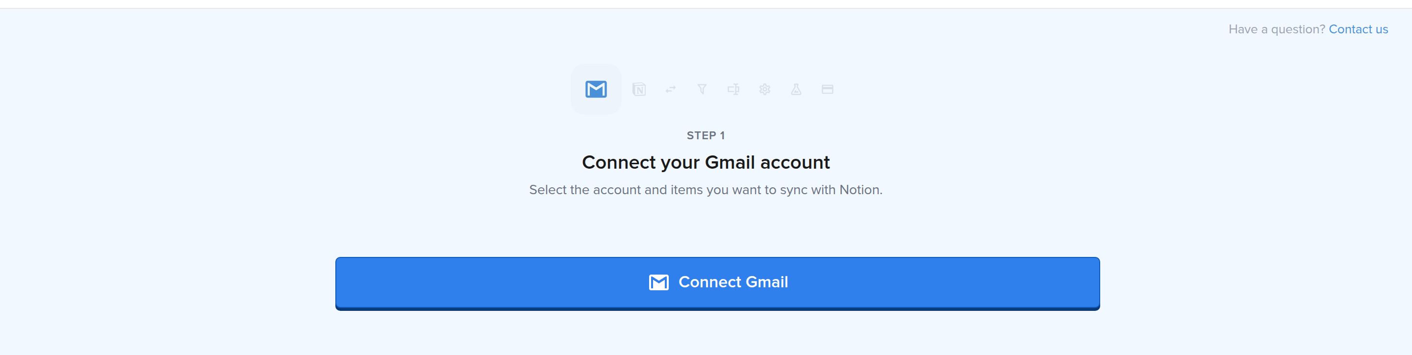 2sync のオートメーション設定画面。ステップ1「Connect your Gmail account」と青い Connect Gmail ボタンが表示されている