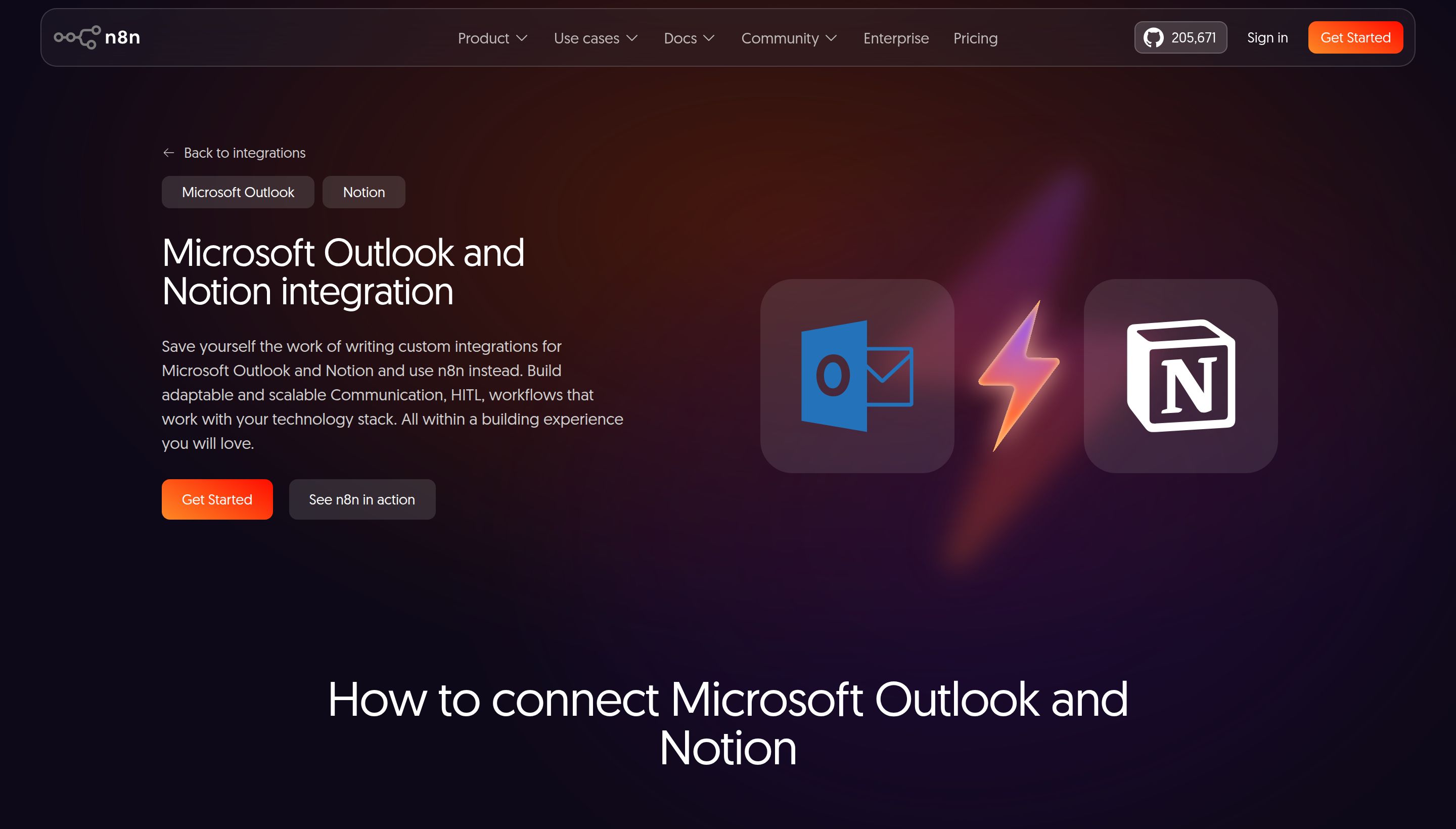 n8n-Integrationsseite mit dem Titel „Microsoft Outlook and Notion integration", die das Outlook- und das Notion-Symbol zeigt, verbunden durch ein Blitz-Symbol