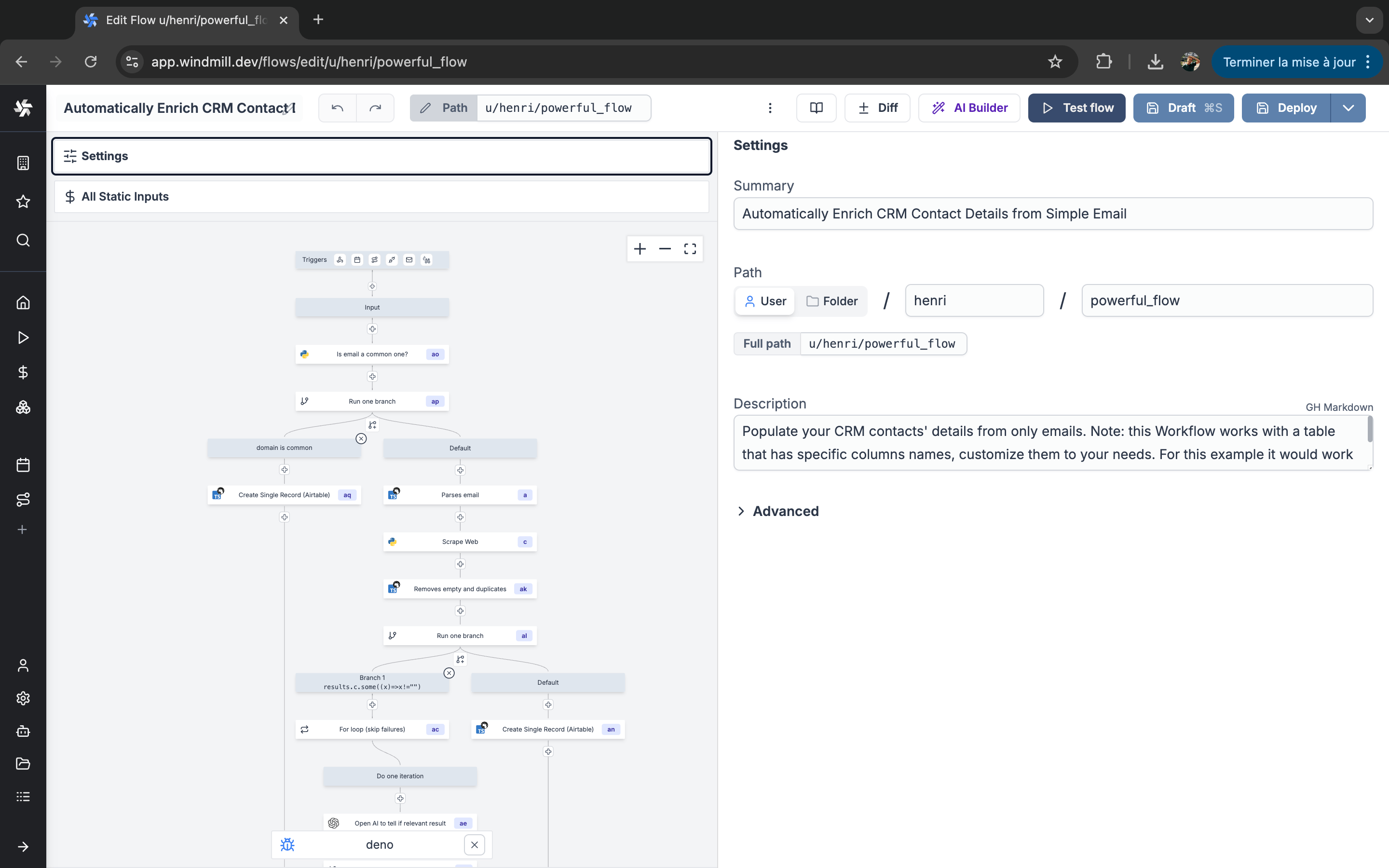 Python과 TypeScript 단계, 분기 두 곳, for 루프로 이뤄진 CRM 보강 플로와 설정 패널이 보이고, 툴바에 AI Builder와 Test flow 버튼이 있는 Windmill 플로 편집기.