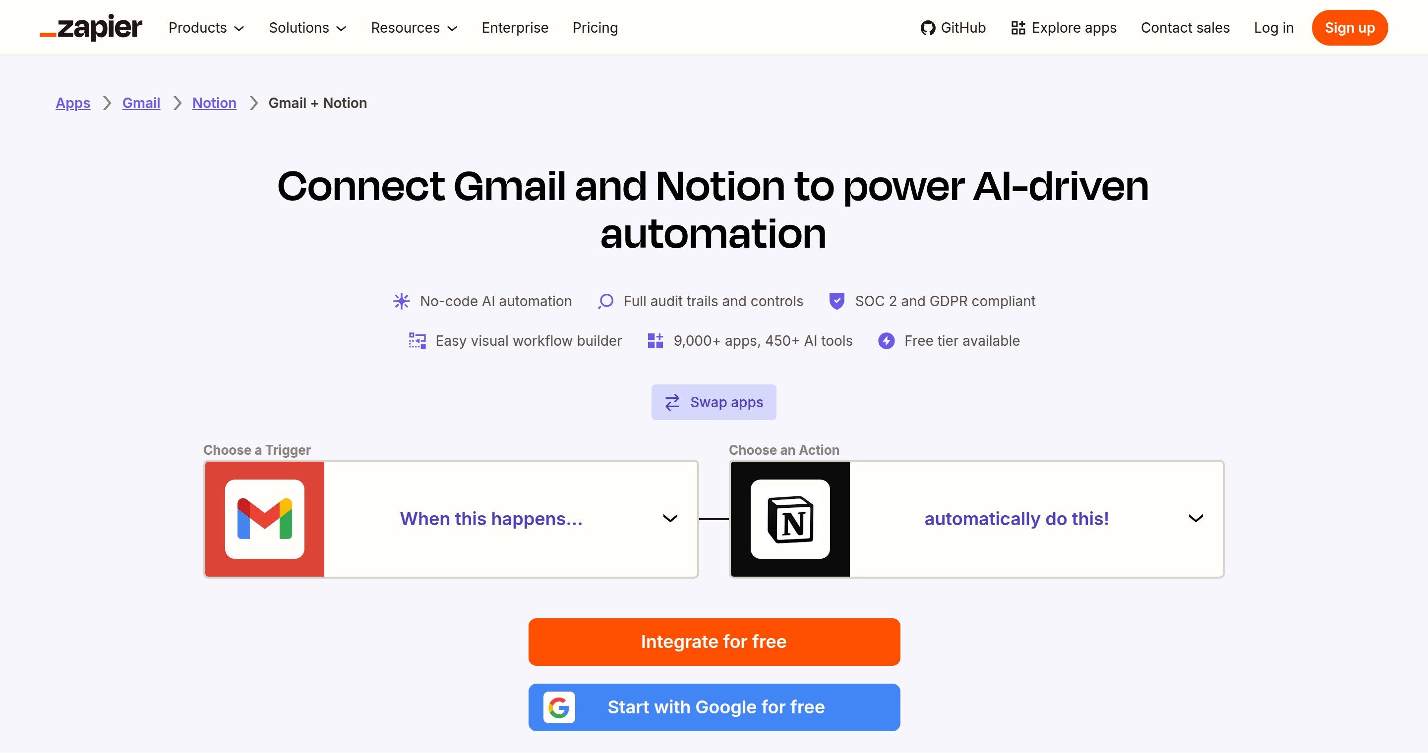 Zapier の Gmail・Notion 連携ページ。Gmail ロゴの入った Choose a Trigger ボックスと、Notion ロゴの入った Choose an Action ボックスが並んでいる