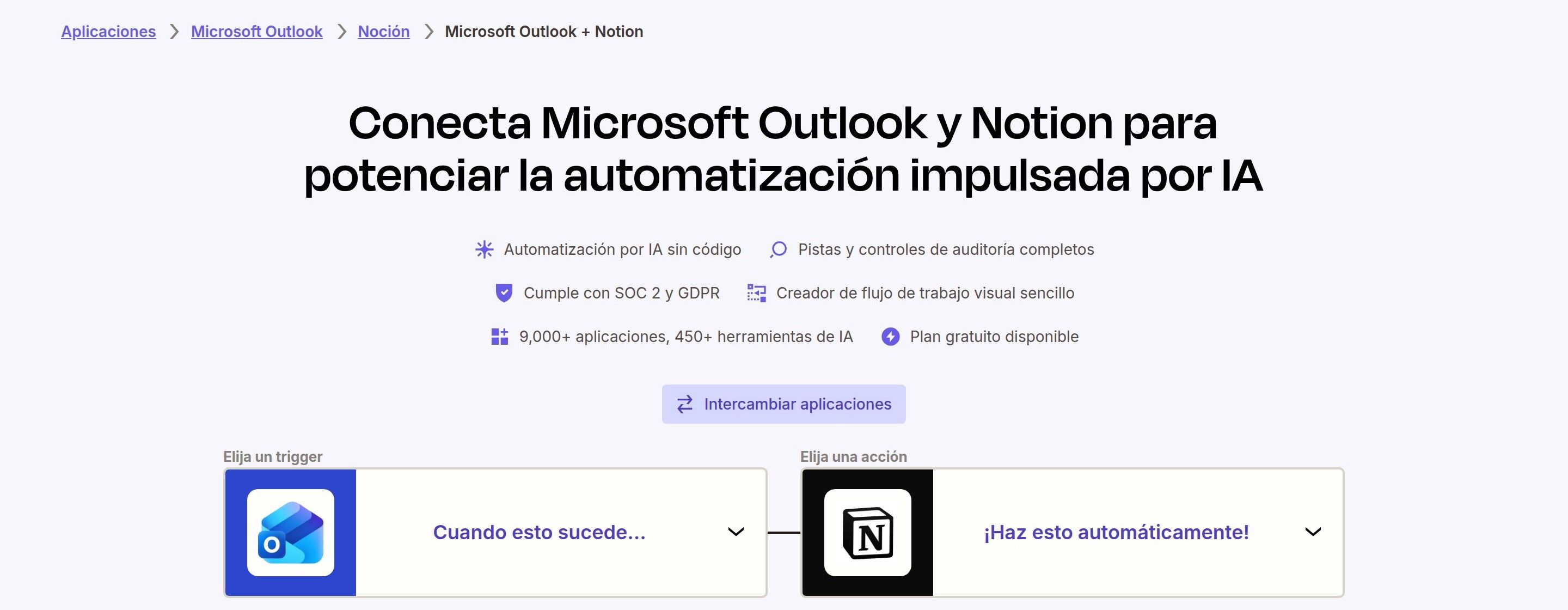 Página de Zapier para conectar Microsoft Outlook y Notion, en español, con los recuadros Elija un trigger junto al icono de Outlook y Elija una acción junto al icono de Notion