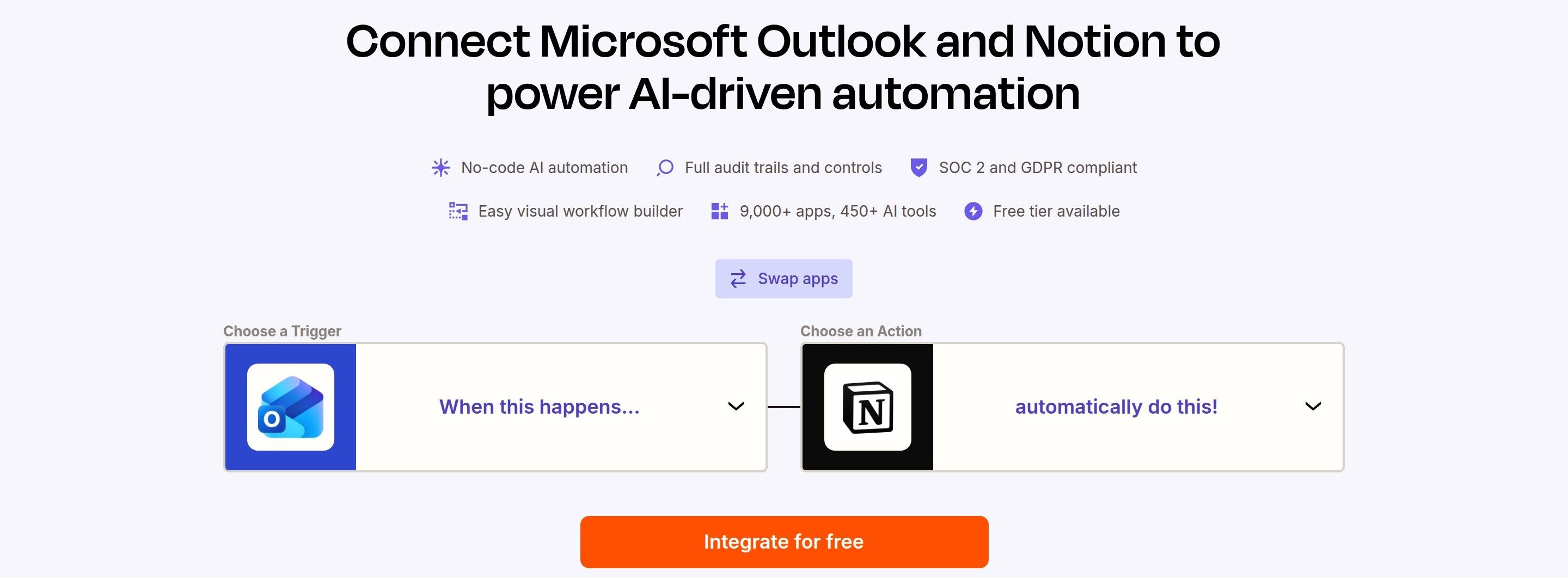 Zapier's automation builder with a Choose a Trigger box showing the Outlook icon and a Choose an Action box showing the Notion icon