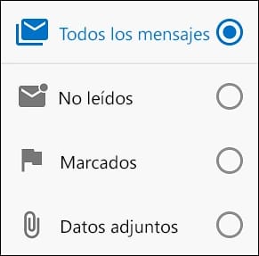 Menú de filtros de la aplicación de Outlook para el móvil en español, con Todos los mensajes, No leídos, Marcados y Datos adjuntos