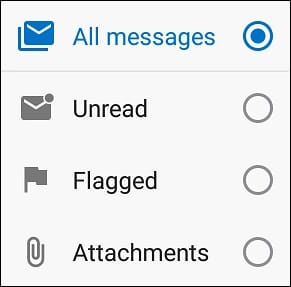 The filter menu in the Outlook mobile app, with All messages, Unread, Flagged and Attachments