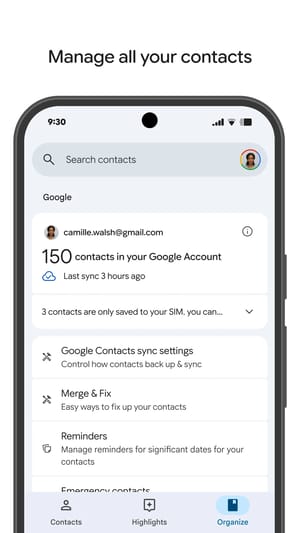 App Google Kontakte für Android auf dem Tab Organize, englische Oberfläche, mit den Einträgen Google Contacts sync settings, Merge & fix, Reminders und Emergency contacts