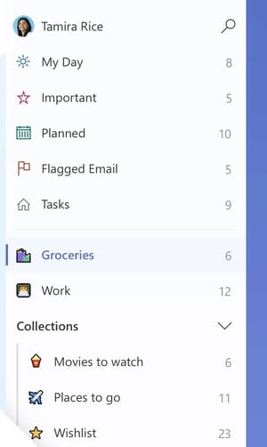 Microsoft To Do sidebar with the smart lists, a Groceries and a Work list, and a Collections list group holding Movies to watch, Places to go and Wishlist