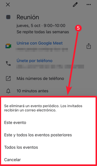 Eliminar evento recurrente en el móvil