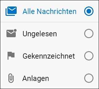 Das Filtermenü der Outlook-App mit Alle Nachrichten, Ungelesen, Gekennzeichnet und Anlagen