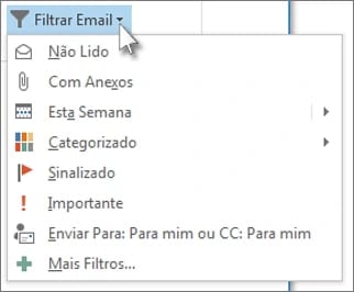 O menu Filtrar Email do Outlook clássico, com as opções Não Lido, Com Anexos, Esta Semana, Categorizado, Sinalizado, Importante e Mais Filtros