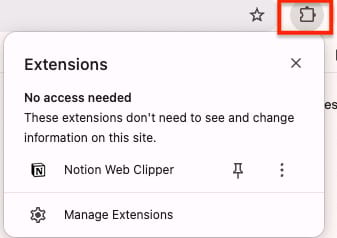 Googleブラウザツールバー右上の拡張機能アイコンからNotion webクリッパーがインストールされたのを確認する画面