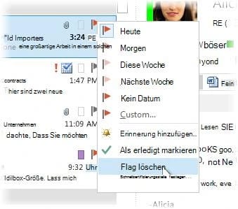 Das Kennzeichnungsmenü im klassischen Outlook mit Heute, Morgen, Diese Woche, Nächste Woche, Kein Datum, Custom, Erinnerung hinzufügen, Als erledigt markieren und Flag löschen