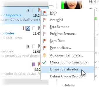 O menu do sinalizador na lista de mensagens do Outlook clássico, com os prazos de Hoje a Personalizar, Adicionar Lembrete, Marcar como Concluída e Limpar Sinalizador