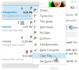 The flag menu in classic Outlook's message list, with Today, Tomorrow, This Week, Next Week, No Date, Custom, Add Reminder, Mark Complete and Clear Flag