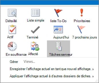 La galerie d'affichages des tâches d'Outlook classique, dont Détaillé, Liste simple, liste To-Do, Prioritaires, Terminé, Aujourd'hui, En souffrance et Affecté