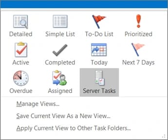 A galeria de modos de exibição das Tarefas no Outlook clássico, com a interface em inglês: Detailed, To-Do List, Active, Completed, Overdue, Assigned e outros