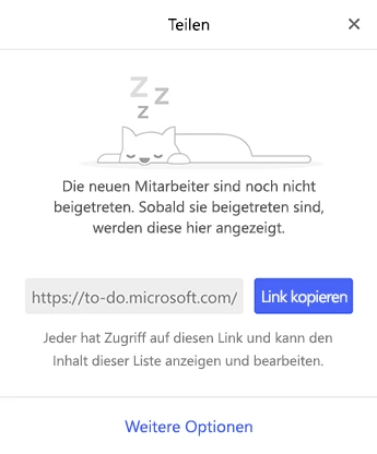 Das Fenster Teilen einer Liste in Microsoft To Do mit dem Einladungslink, der Schaltfläche Link kopieren und dem Eintrag Weitere Optionen