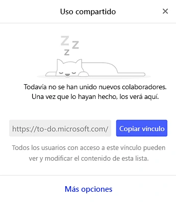 Panel Uso compartido de una lista de Microsoft To Do, con el vínculo de invitación y el botón Copiar vínculo