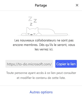 Le panneau Partage d'une liste Microsoft To Do, avec le lien d'invitation et le bouton Copier le lien