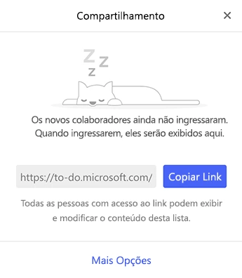 O painel Compartilhamento de uma lista do Microsoft To Do, com o link de convite e o botão Copiar Link