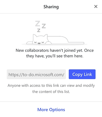 The Sharing panel of a Microsoft To Do list with the invitation link and the Copy link button