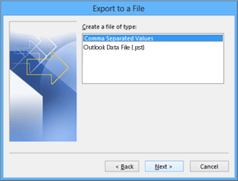 Classic Outlook Export to a File wizard with Comma Separated Values selected