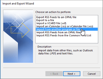 Classic Outlook Import and Export Wizard with Import from another program or file selected