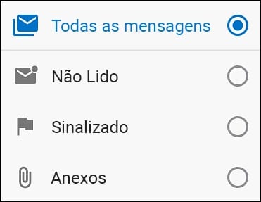 O menu de filtros do app do Outlook para celular, com Todas as mensagens, Não Lido, Sinalizado e Anexos