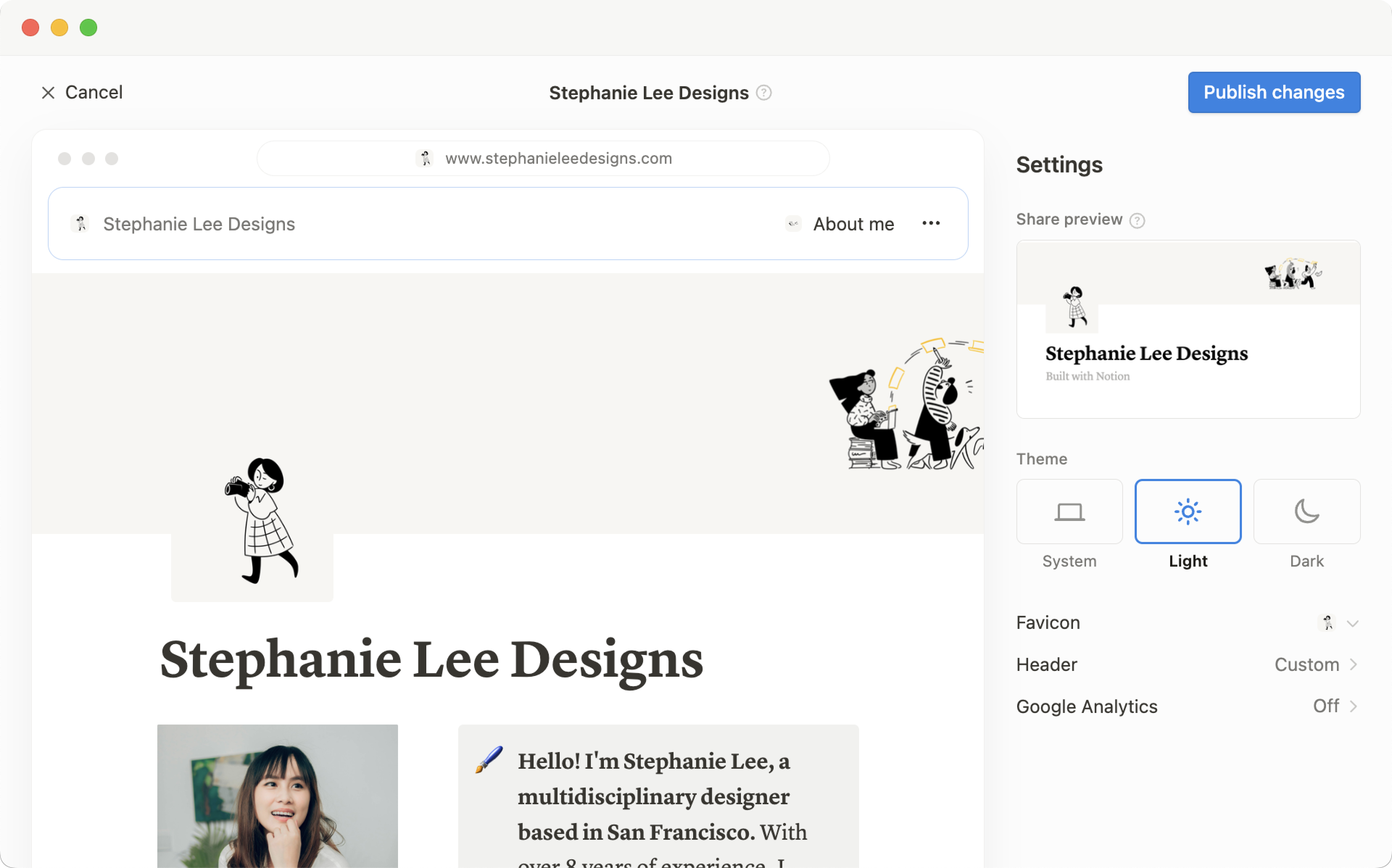 Notion-Panel zur Website-Anpassung auf Englisch. Der Theme-Regler sitzt in der rechten Einstellungsspalte, unterhalb der Freigabe-Vorschau, mit System, Light und Dark bei ausgewähltem Light; der Button Publish changes steht oben rechts.