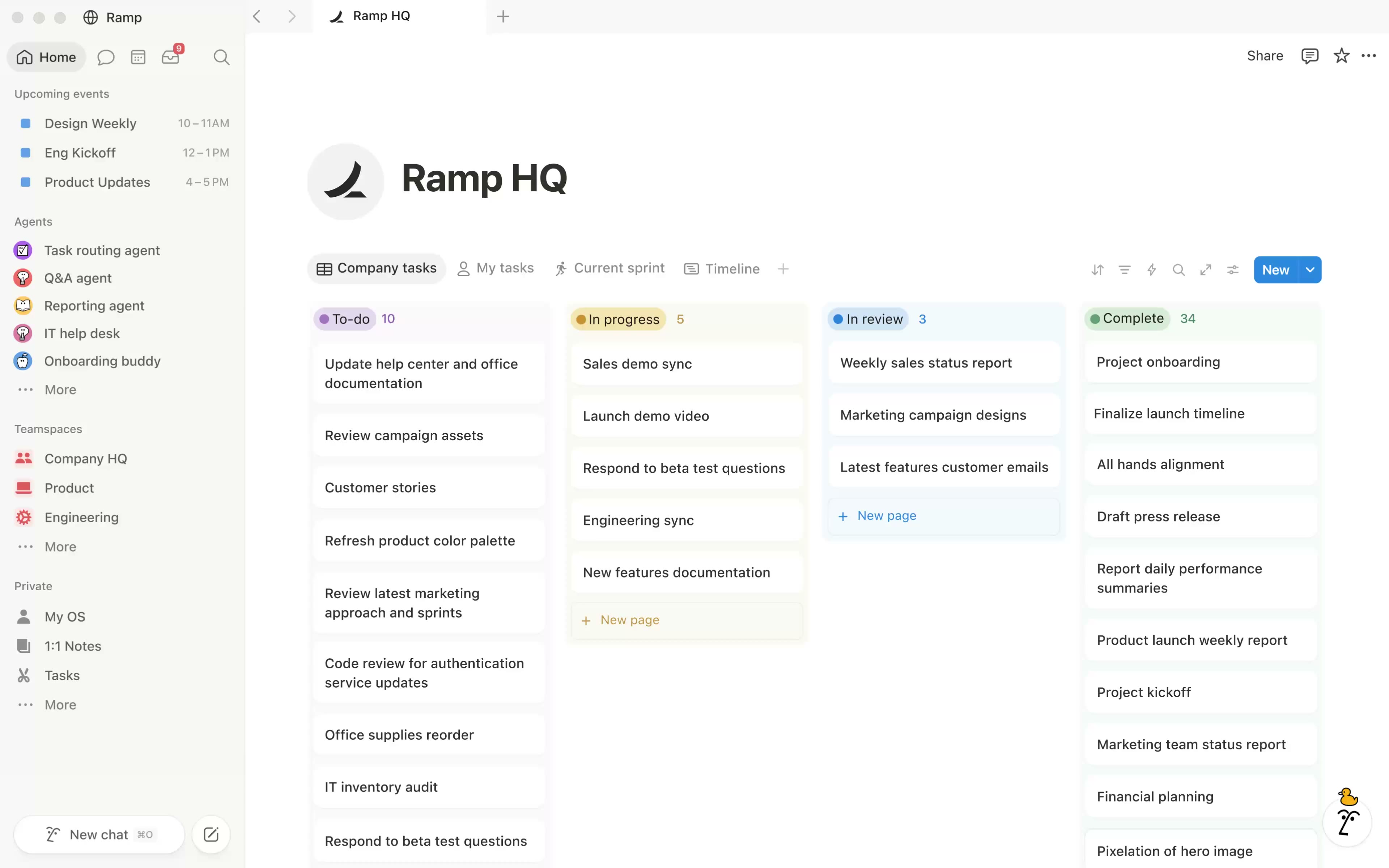 Notion workspace showing an Agents section in the sidebar with a task routing agent, Q&A agent and reporting agent, beside a company task board split into To-do, In progress, In review and Complete columns.
