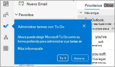 Aviso azul Administrar tareas con To Do del Outlook clásico, junto al icono de To Do de la barra de navegación, con los botones Ahora no y Try it, este en inglés