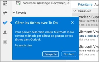 La bulle bleue Gérer les tâches avec To Do d'Outlook classique, près de l'icône To Do de la barre de navigation, avec les boutons Essayez-le et Plus tard