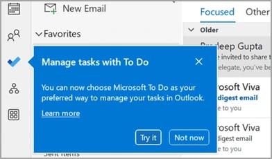 O balão azul Manage tasks with To Do no Outlook clássico, com a interface em inglês, ao lado do ícone do To Do na barra de navegação e com os botões Try it e Not now