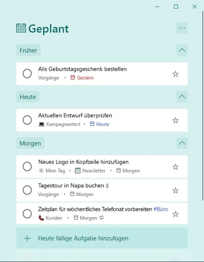 Die intelligente Liste Geplant in Microsoft To Do mit Aufgaben unter den Überschriften Früher, Heute und Morgen
